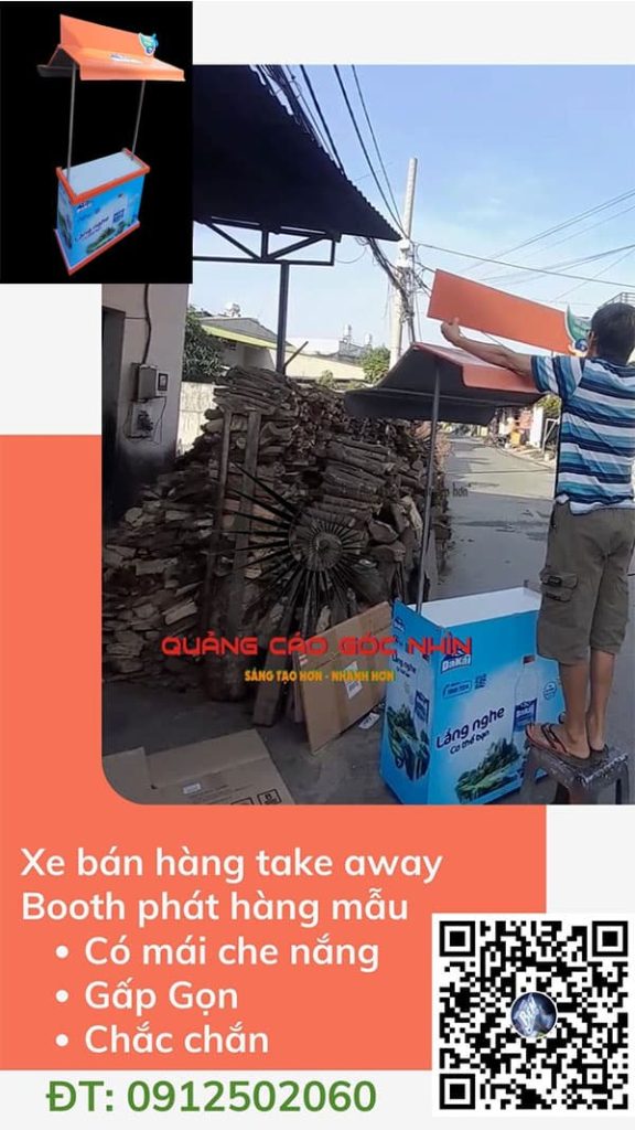 Booth phát hàng mẫu có mái che nắng, gấp gọn, bánh xe di chuyển nổi bật ...